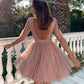 Pink A Line Sleeve Sequins Tulle Short Prom Dress Homecoming Dress SH1622