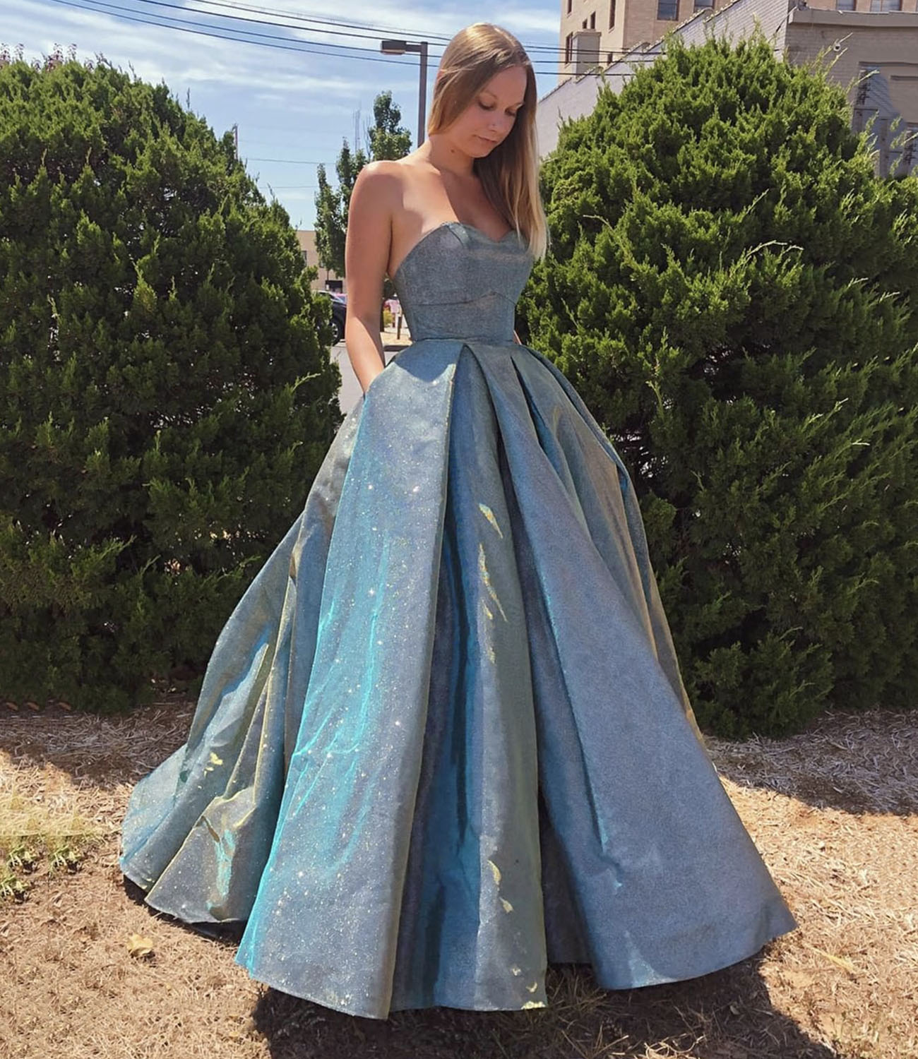 Sparkly Sweetheart Blue Satin Long Ball Gown Dress Evening Gown SH1626