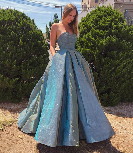 Sparkly Sweetheart Blue Satin Long Ball Gown Dress Evening Gown SH1626