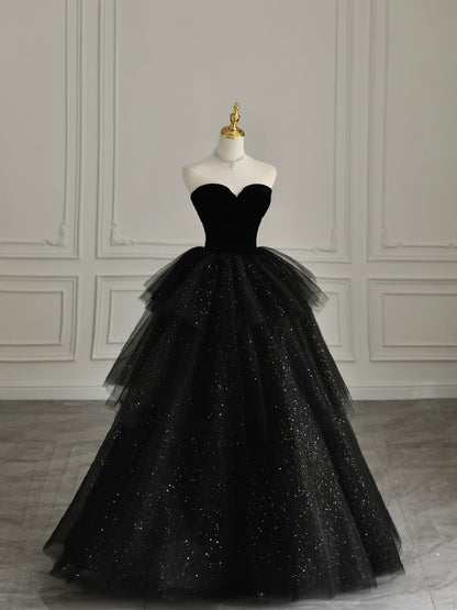 Black Strapless Layered Velvet Tulle Long Prom Dress Evening Dress SH1617