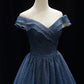 A Line Off the Shoulder Navy Blue Tulle Long Prom Dress Evening Dress SH1765