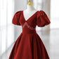 Burgundy A Line Puff Sleeves Velvet Long Prom Dress Evening Dress SH1586