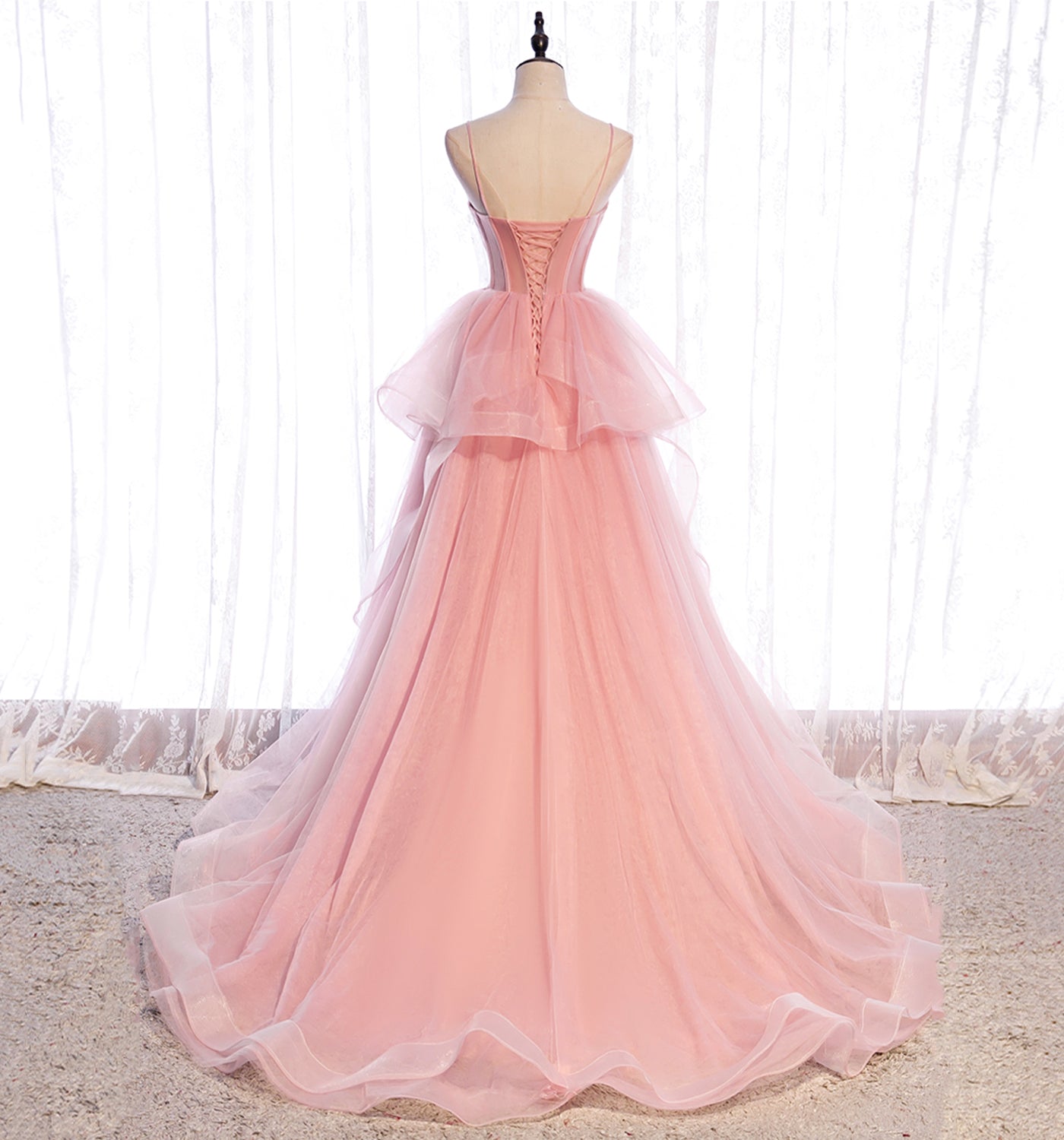 A Line Spaghetti Strap Tulle Prom Dress Evening Dress Seep Train SH1729