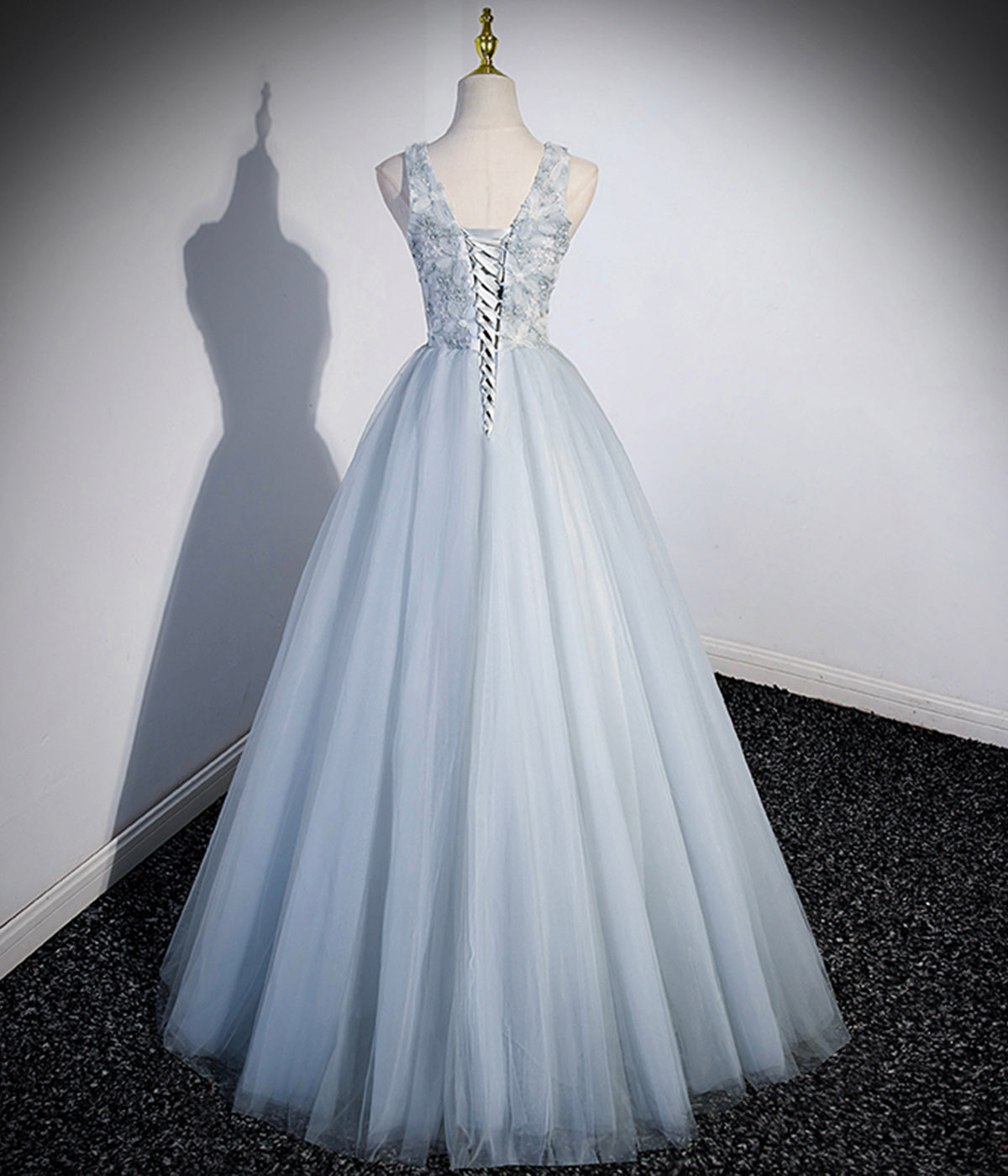 Elegant V Neck Blue Tulle Long Prom Dress Evening Dress Party Dress SH1720