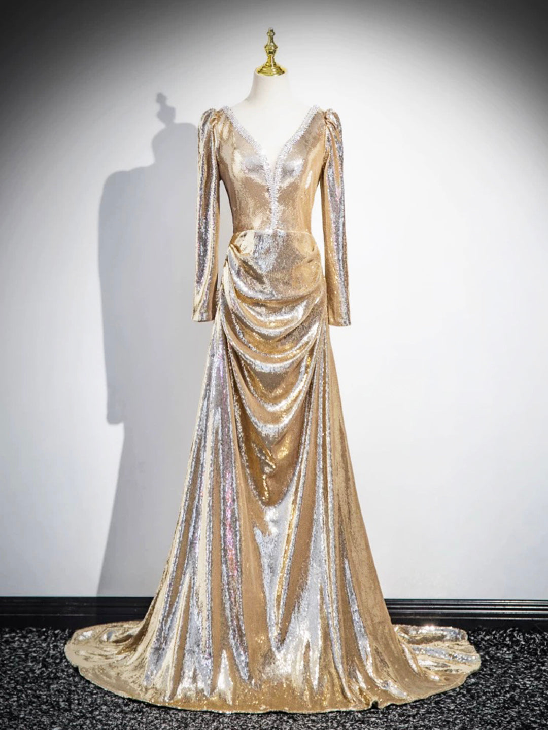 Shiny V Neck Long Sleeve Gold Sequins Long Prom Dress Evening Dress SH