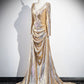Shiny V Neck Long Sleeve Gold Sequins Long Prom Dress Evening Dress SH1751
