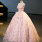 Beautiful Strapless Tulle Flower Long Pink Ball Gown SH1613