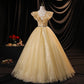 Yellow A Line V Neck Appliques Beaded Tulle Long Prom Dress Evening Dress SH1760