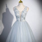 Elegant V Neck Blue Tulle Long Prom Dress Evening Dress Party Dress SH1720