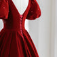 Burgundy A Line Puff Sleeves Velvet Long Prom Dress Evening Dress SH1586