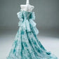 Blue Floral A Line Off the Shoulder Satin Long Prom Dress Evening Dress SH1812
