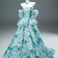 Blue Floral A Line Off the Shoulder Satin Long Prom Dress Evening Dress SH1812