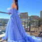Elegant Blue A Line Off-the-shoulder Organza Prom Dress With Slit SH1623