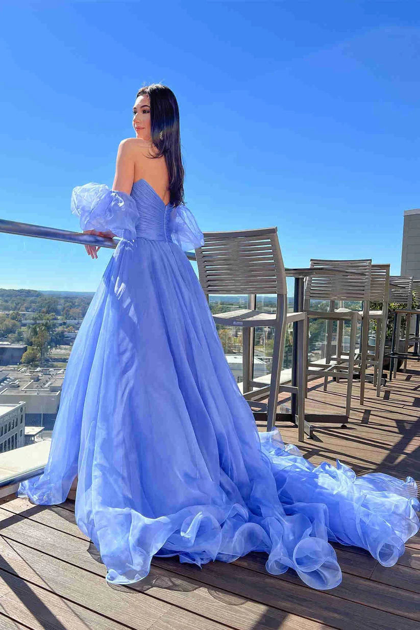 Elegant Blue A Line Off-the-shoulder Organza Prom Dress With Slit SH1623