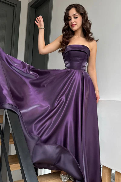 Glamorous Purple Strapless Sleeveless A-Line Prom Dresses Long Lace-Up Back With Pleats SH6486
