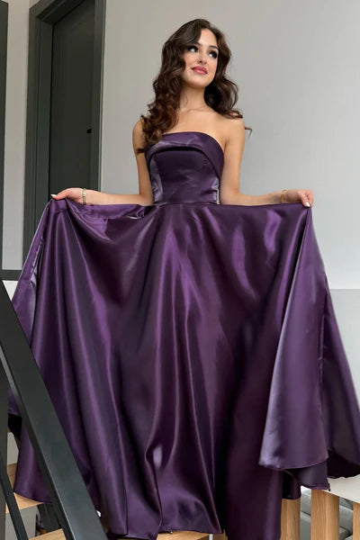 Glamorous Purple Strapless Sleeveless A-Line Prom Dresses Long Lace-Up Back With Pleats SH6486