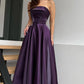 Glamorous Purple Strapless Sleeveless A-Line Prom Dresses Long Lace-Up Back With Pleats SH6486