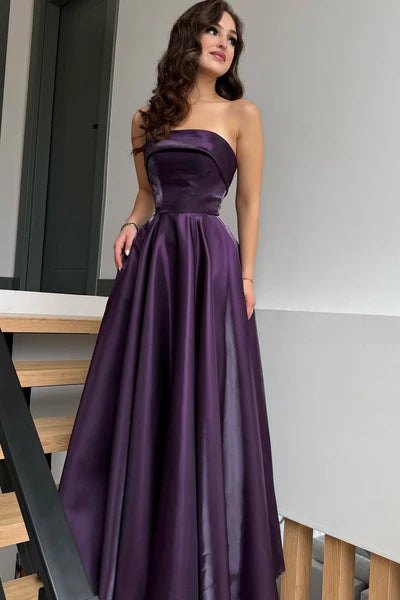 Glamorous Purple Strapless Sleeveless A-Line Prom Dresses Long Lace-Up Back With Pleats SH6486