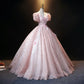 Pink Ball Gown Puff Sleeve Appliques Sequins Tulle Prom Dress SH1665
