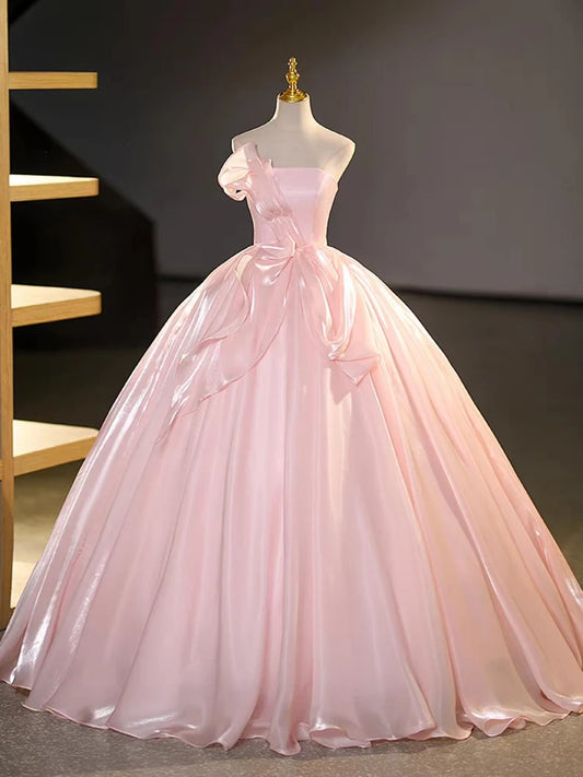 Elegant Strapless Light Pink Satin Ball Gown Prom Dress SH1662