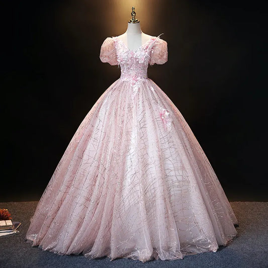 Pink Ball Gown Puff Sleeve Appliques Sequins Tulle Prom Dress SH1665