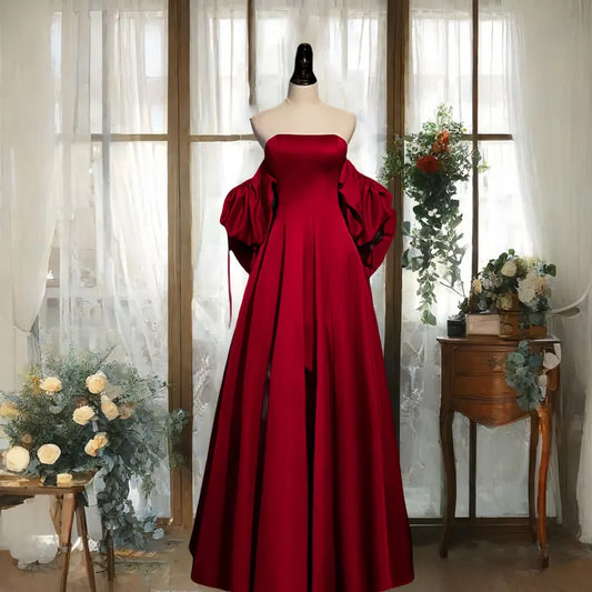 Elegant A Line Off-the-shoulder Bow Red Satin Long Prom Dress SH1652