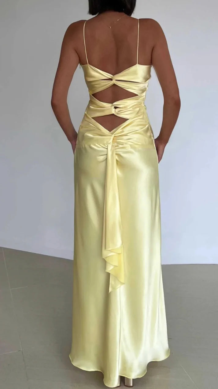 Simple A Line Spaghetti Strap Yellow Satin Open Back Prom Dress Graduation Prom Dress SH2580