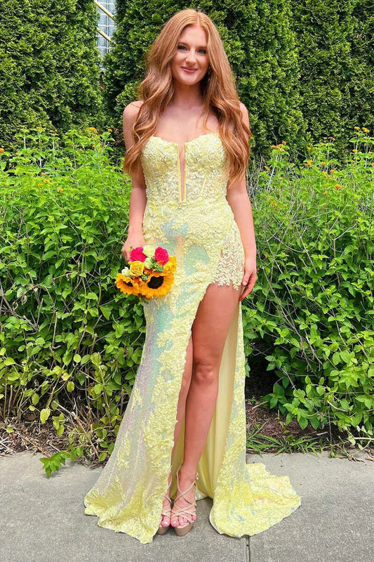 Yellow Sheath V-neck Appliques Sequins Prom Dress With Slit SH1650