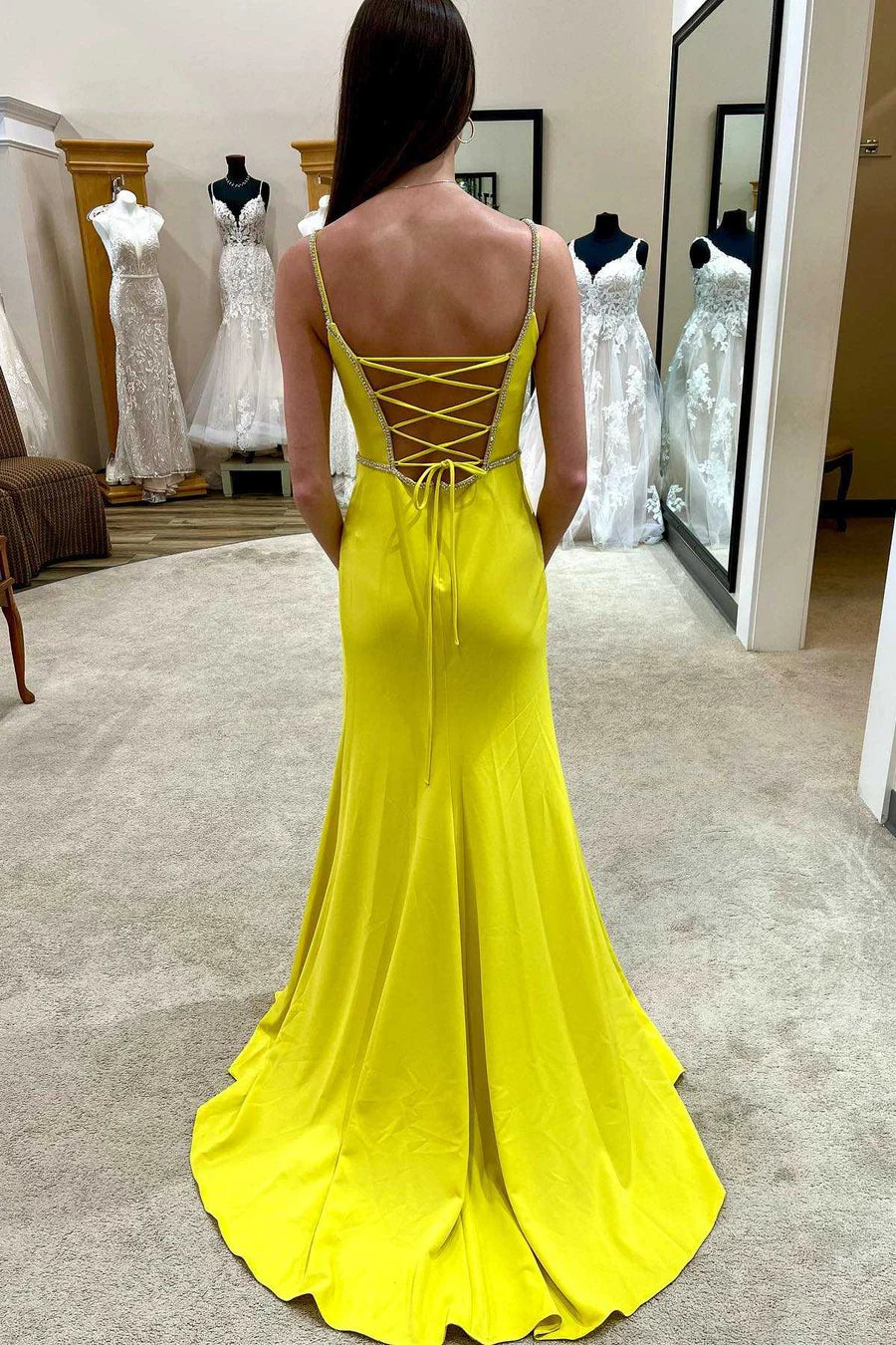 Sexy Yellow V Neck Satin Long Prom Dress Evening Dress with Slit SH1731