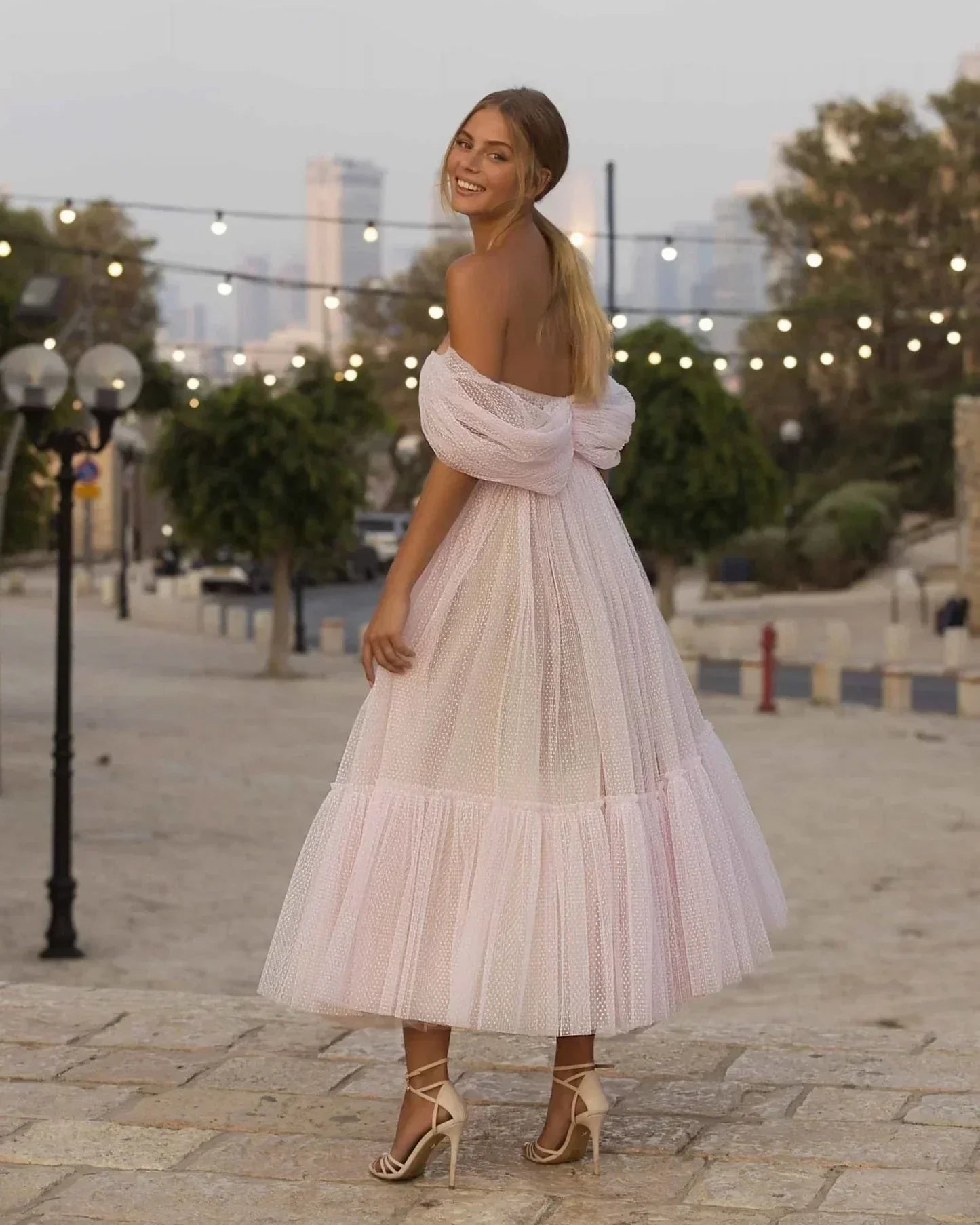 Light Pink A Line Off-the-shoulder Tulle Tea-Length Homecoming Dress SH1618