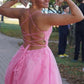 Princess Prom Dress Scoop Neck Spaghetti Straps Crisscross Pink Lace Tulle Slit SH8225