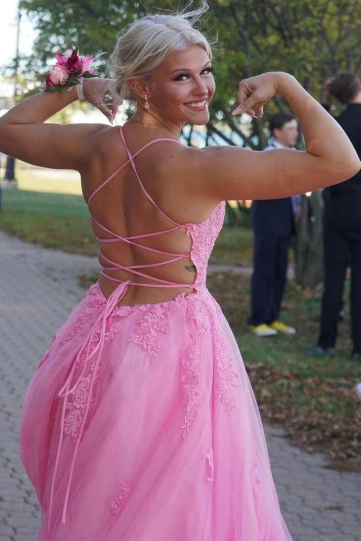 Princess Prom Dress Scoop Neck Spaghetti Straps Crisscross Pink Lace Tulle Slit SH8225