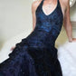 Navy Blue A Line Halter Shiny Beaded Tulle Prom Dress Evening Dress SH8279