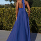 Sexy A Line Halter Bow Satin Long Prom Dress Evening Dress with High Slit SH1671