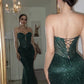 Luxury Dark Green Sweetheart Evening Dress Prom Dresses Sequins Lace-Up Back With Overskirt SH5615