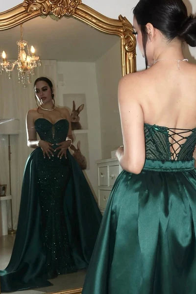 Luxury Dark Green Sweetheart Evening Dress Prom Dresses Sequins Lace-Up Back With Overskirt SH5615