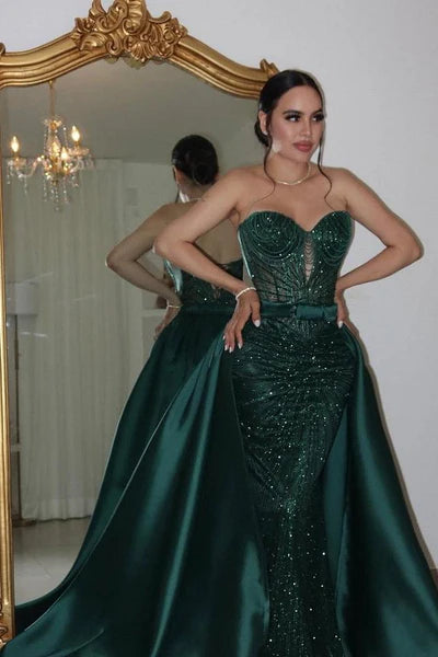 Luxury Dark Green Sweetheart Evening Dress Prom Dresses Sequins Lace-Up Back With Overskirt SH5615