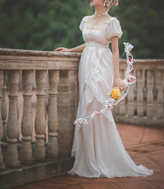 Gorgeous Mermaid Puffle Embroidery Pearl White Chiffon Prom Dress Evening Dress SH2133