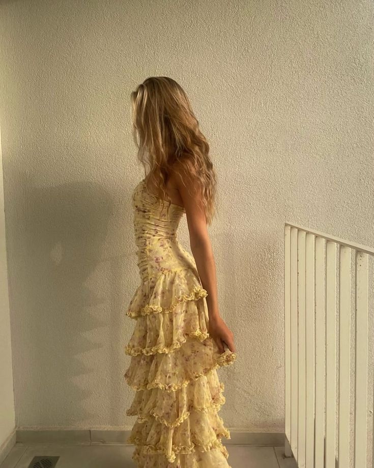 Glamorous Sleeveless Strapless Yellow Print Floral Chiffon Long Prom Dress with Ruffles SH5462