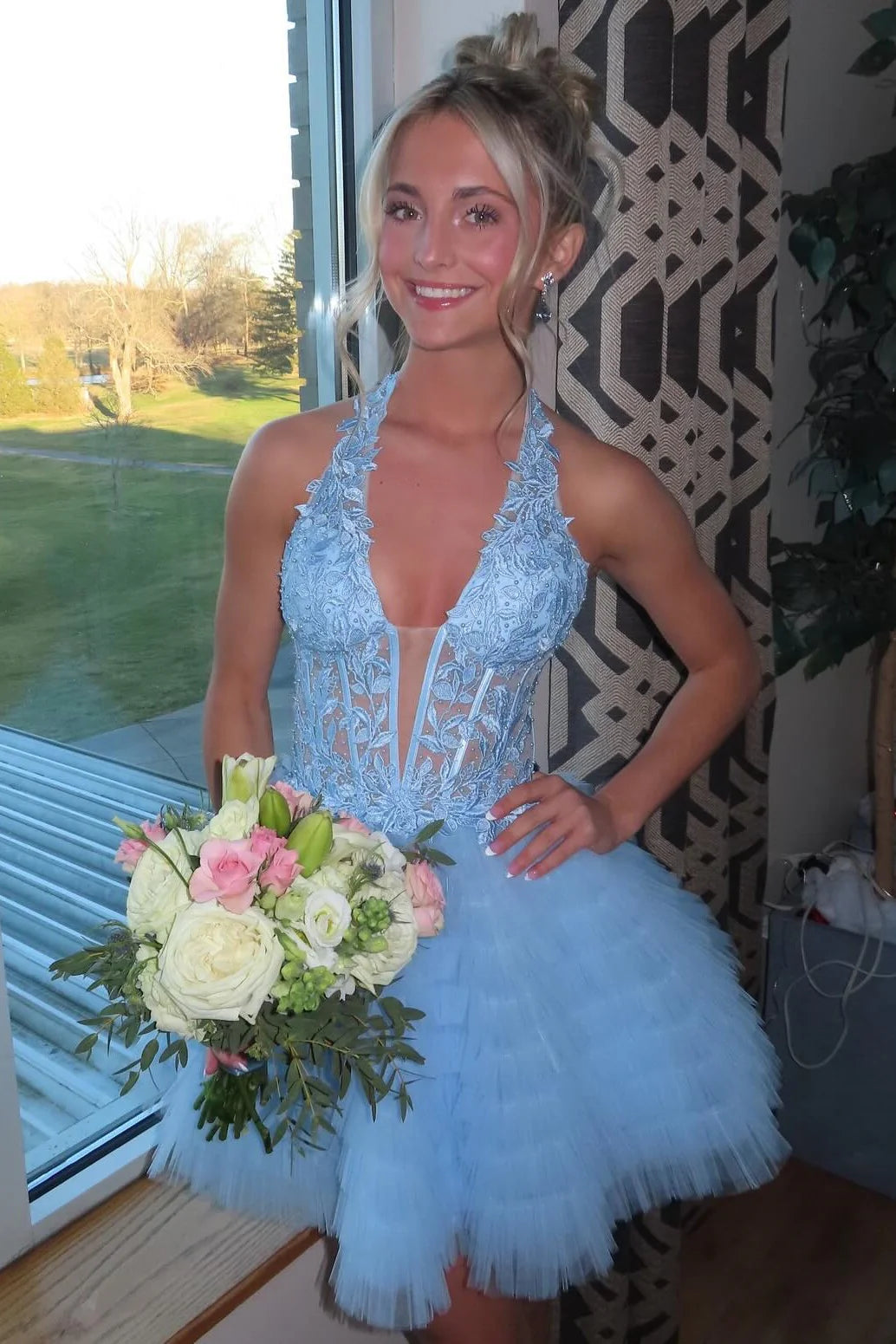 Blue A Line Halter Lace Layered Tulle Short Homecoming Dress Outfits SH6245