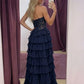 Navy Blue A Line Sweetheart Neck Lace Layered Chiffon Prom Dress Evening Dress SH8277