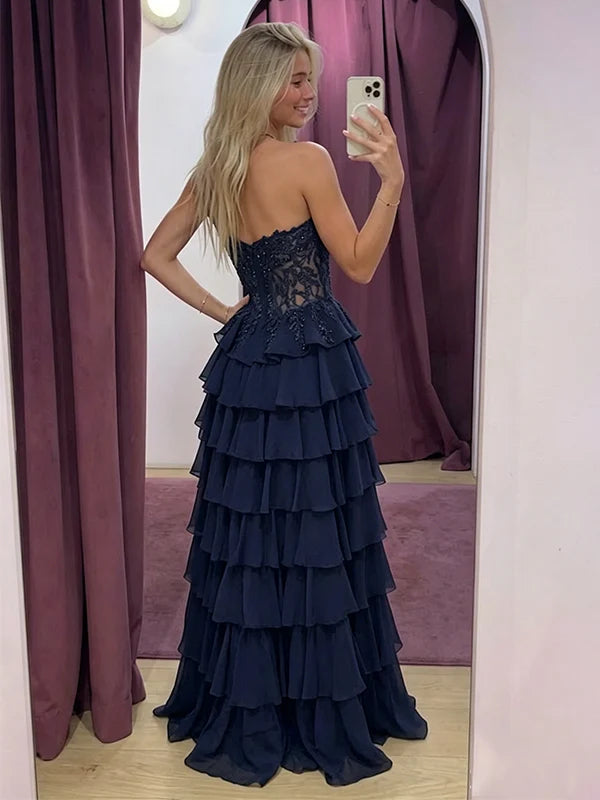 Navy Blue A Line Sweetheart Neck Lace Layered Chiffon Prom Dress Evening Dress SH8277