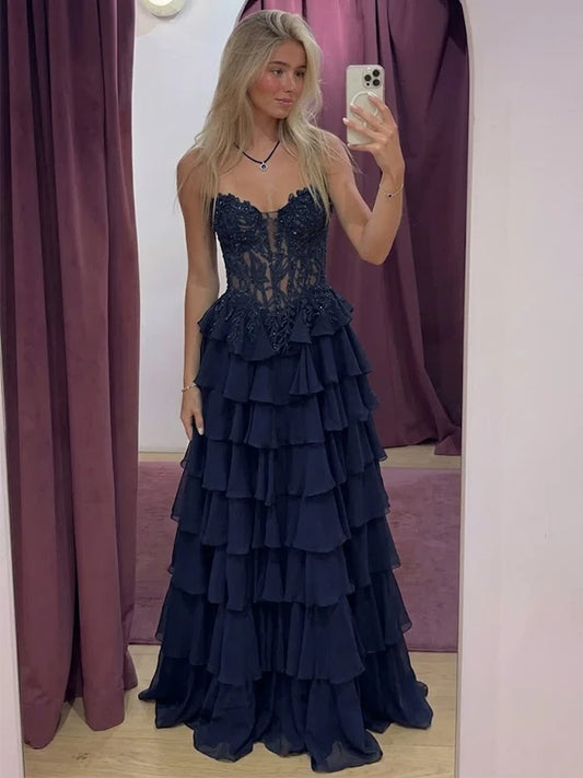 Navy Blue A Line Sweetheart Neck Lace Layered Chiffon Prom Dress Evening Dress SH8277