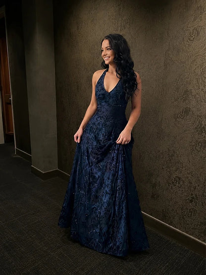 Navy Blue A Line Halter Shiny Beaded Tulle Prom Dress Evening Dress SH8279