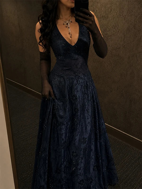 Navy Blue A Line Halter Shiny Beaded Tulle Prom Dress Evening Dress SH8279