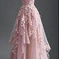 Pretty Blue Appliques A Line Spaghetti Strap Tulle Prom Dress Evening Dress with Slit SH3573