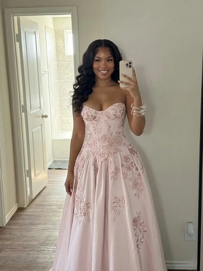 Pink A Line Sweetheart Neck Exquisite Embroidery Tulle Prom Dress Evening Dress SH8280