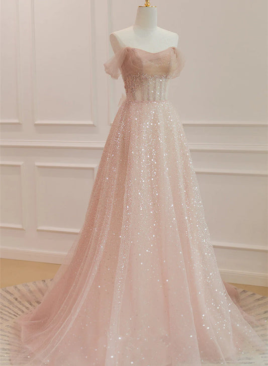 Pink Sparkle A-line Sequins Tulle Long  Formal Dress Prom Dress SH1639