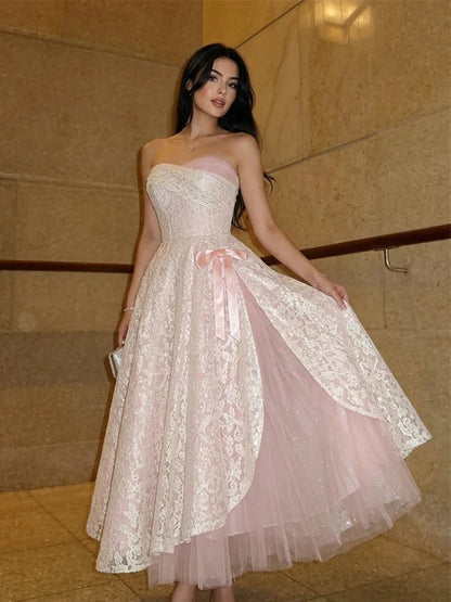 Vintage A Line Sweetheart Neck White Lace Pink Tulle Prom Dress Evening Dress SH8276
