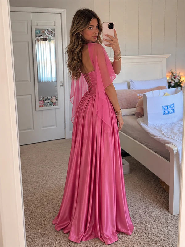Sweety Pink A Line Strapless Tulle Satin Long Prom Dress Evening Dress SH8274